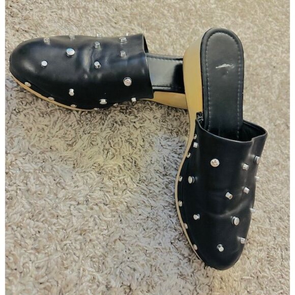 Black Studded Whimsigoth Punk Leather Slip-On Mules Wooden Platform Heel 8/8.5 - Picture 2 of 6